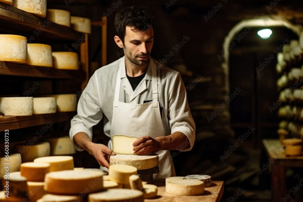 A man farmer checks the readiness of his homemade cheese. The cheese matures in the farmer's basement. Homemade cheese production. Natural product. A man farmer checks the readiness of his homemade cheese. The cheese matures in the farmer's basement. Homemade cheese production. Natural product.