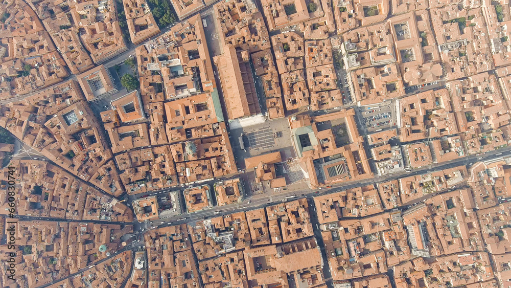 Bologna, Italy. Old Town. Basilica of San Petronio, Piazza Maggiore. Panoramic view of the city. Summer, Aerial View