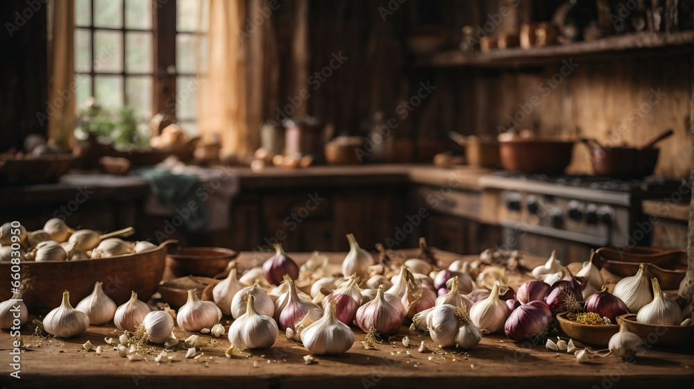 Piles of garlic in the old kitchen, healthy food concept