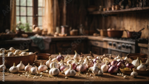 Piles of garlic in the old kitchen  healthy food concept