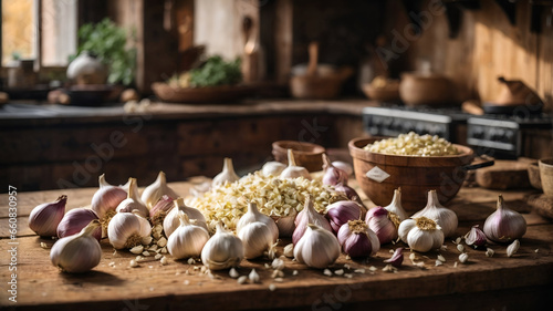 Piles of garlic in the old kitchen, healthy food concept