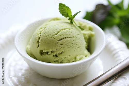 a green tea ice cream scoop on a white plate
