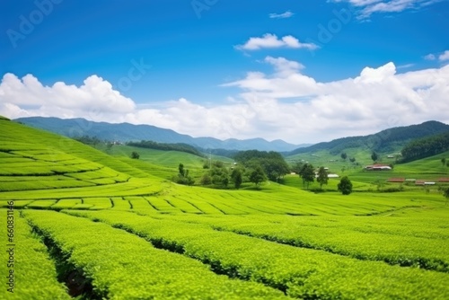 tea plantation landscape with bright green tea bushes © altitudevisual