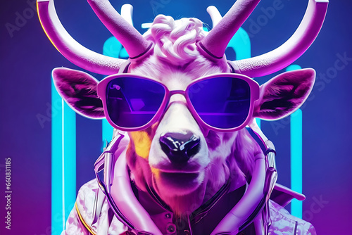 Neon cyberpunk futuristic portrait in pop art style of white reindeer with large strong horns and modern sunglasses © Design_Stock