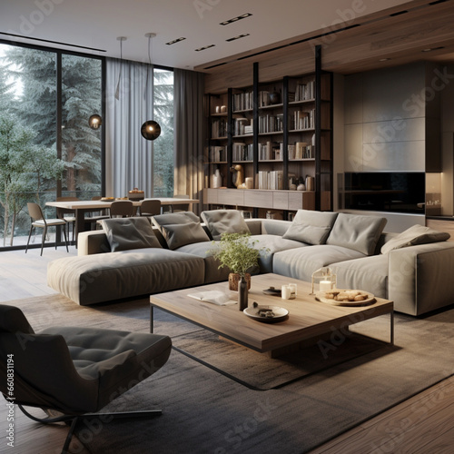 living room interior, gray color dark, light gray, beige, wood furniture © نيلو ڤر