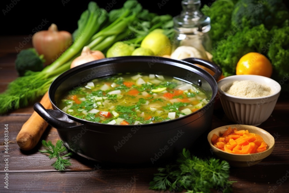 hot detox soup with fresh vegetables on a rustic table