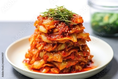 side view of cabbage leaves layered with chili paste for kimchi