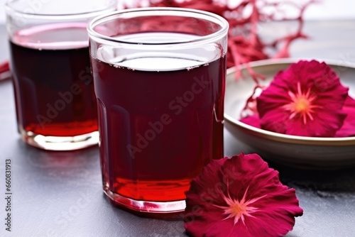 kombucha poured in a clear glass with hibiscus flowers near it