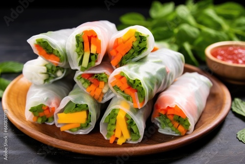 a colorful, vibrant display of fresh spring rolls with sliced carrot garnish