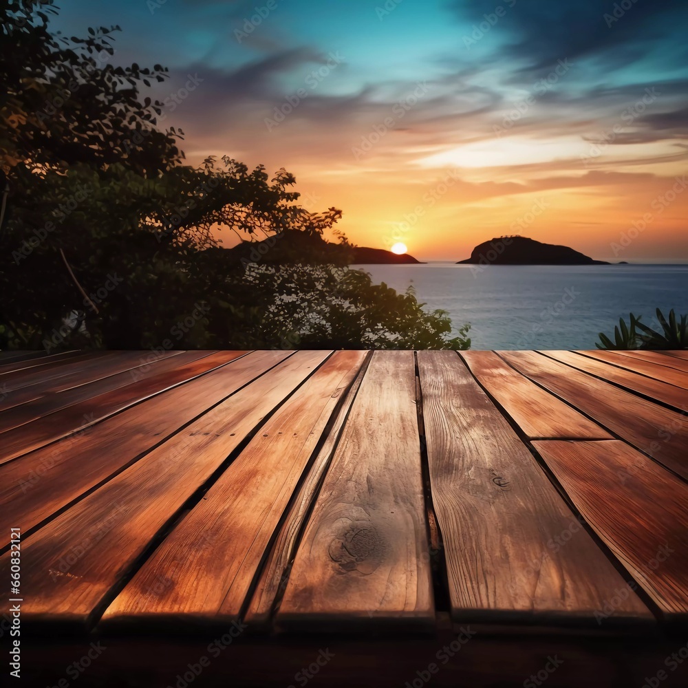 Realistic photo of wooden table with sea background, island and twilight generated ai