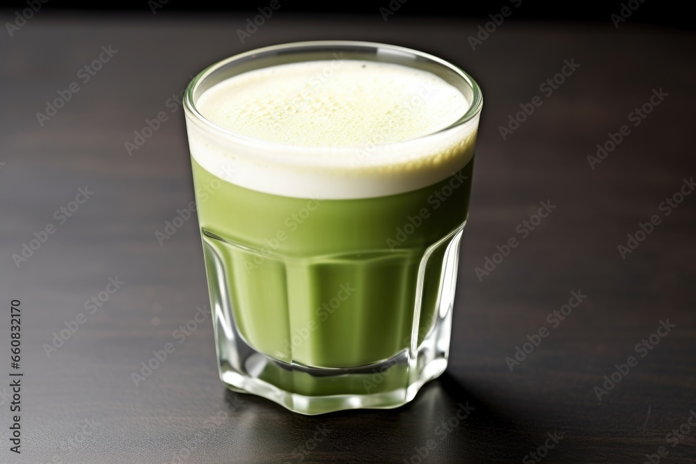 matcha latte with a thin layer foam on a glass table matcha latte with a thin layer foam on a glass table