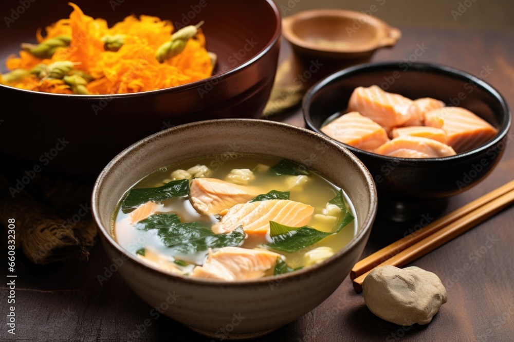 salmon miso soup photographed next to fresh salmon pieces salmon miso soup photographed next to fresh salmon pieces