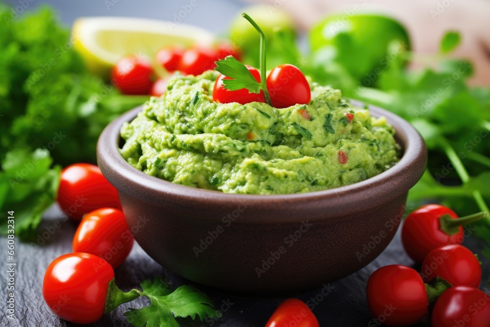 guacamole garnished with cherry tomatoes and cilantro
