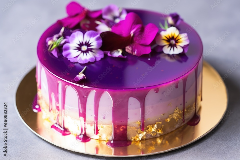 mousse cake with a mirror glaze and edible flowers mousse cake with a mirror glaze and edible flowers