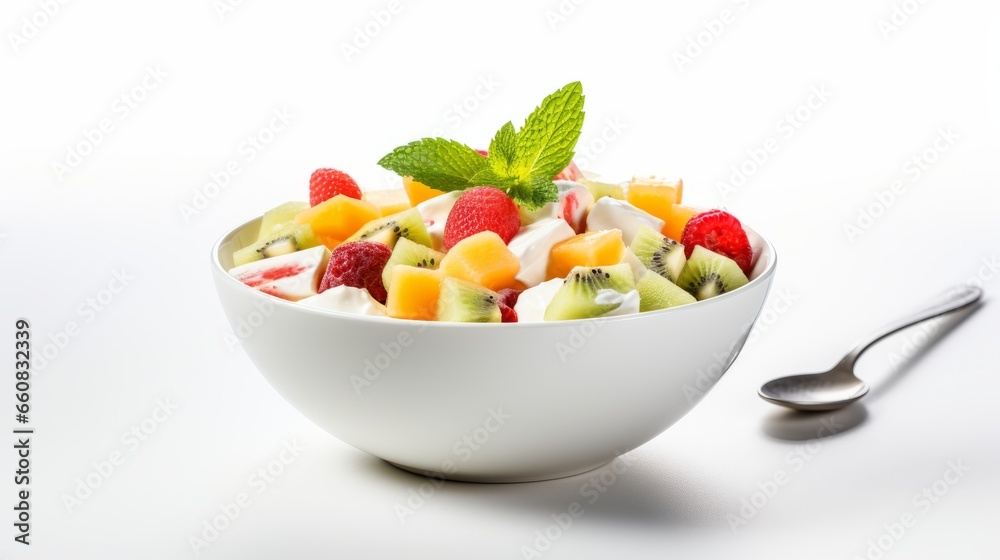 A bowl of fresh veggies and fruit in a healthy creamy green salad on a white background.