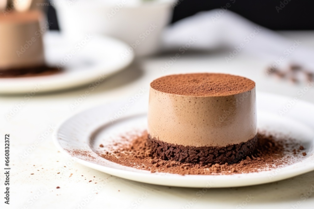 side view of chocolate mousse topped with cocoa powder on a white plate