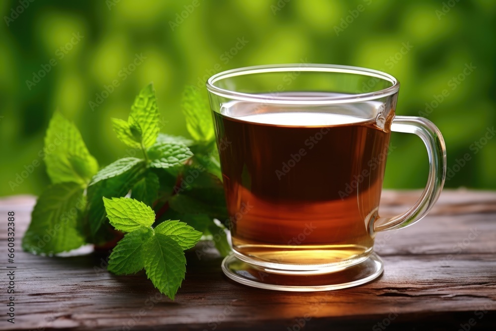 freshly brewed mug of peppermint tea with leaves beside freshly brewed mug of peppermint tea with leaves beside