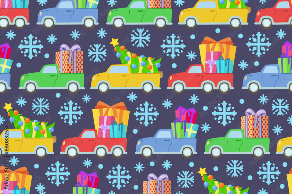 Fototapeta premium Colorful cars carrying gift boxes and Christmas trees. Christmas traffic with gifts and presents delivering cars.