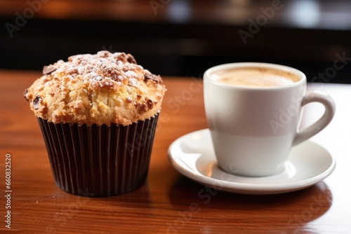 a muffin next to a hot coffee cup