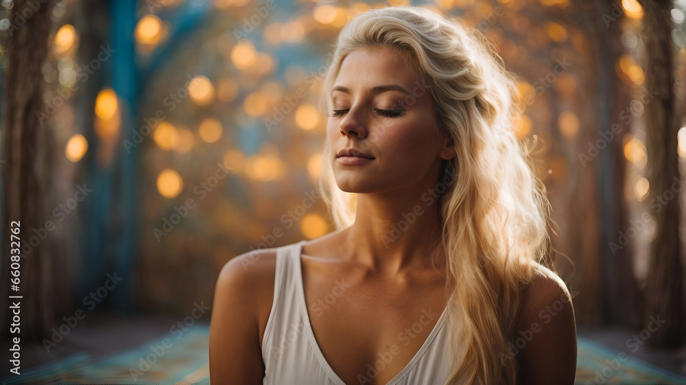 Naklejka premium young woman with blonde hair portrayed in a contemplative prayer, radiating serenity and devotion