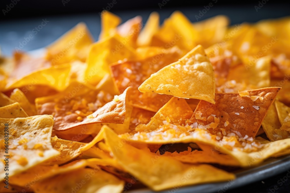 close-up of tortilla chips covered in melted cheddar close-up of tortilla chips covered in melted cheddar