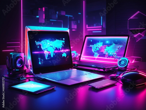 Wallpaper Mural Modern neon technology concept with many expensive electronic gadgets on the desk tablet and laptop  Torontodigital.ca