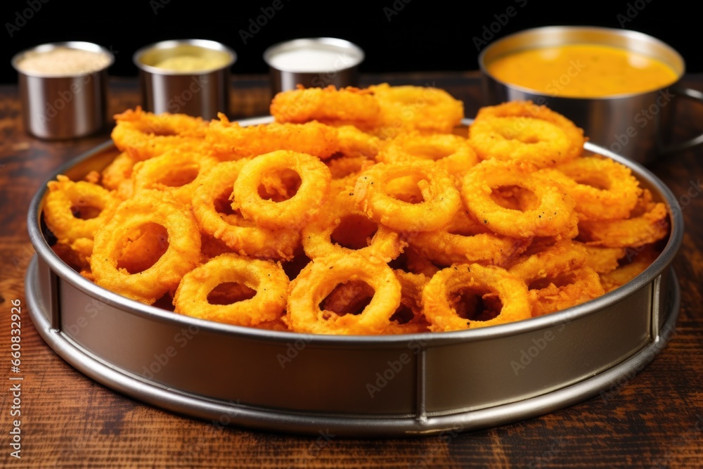 a golden pile of onion rings on a metallic tray a golden pile of onion rings on a metallic tray
