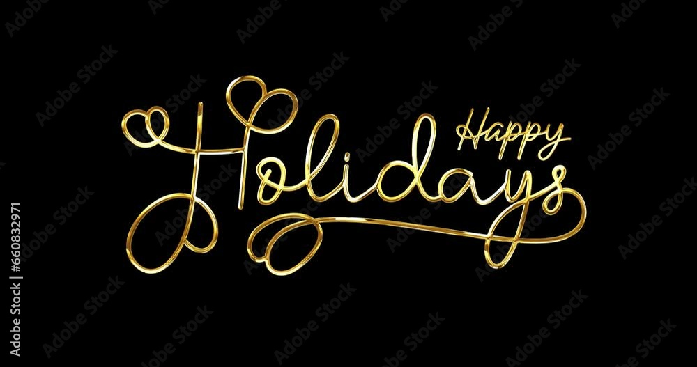 Happy Holidays text animation. Beautiful Handwritten calligraphy in Gold color with alpha matte. Great for holiday greetings, messages, and wishes. Transparent background, easy to put into any video.	