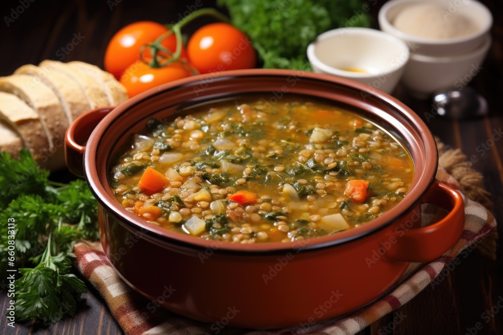 a bowl of lentil soup rich in vegetables, detailed view a bowl of lentil soup rich in vegetables, detailed view