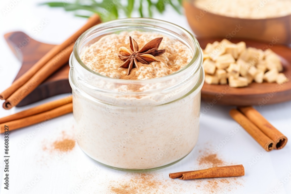 close-up of overnight oats in clear glass jar, cinnamon sticks beside close-up of overnight oats in clear glass jar, cinnamon sticks beside