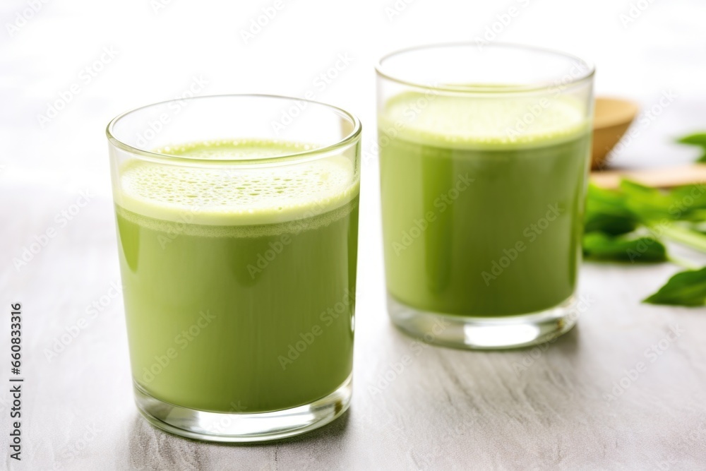 two glasses of matcha latte, different shades of green two glasses of matcha latte, different shades of green