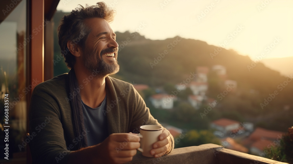 A Hispanic man in his 40s with a goatee sitting on a balcony in Spain, morning time, drinking coffee, beautiful sunrise, copy space - Generative AI - obrazy, fototapety, plakaty 