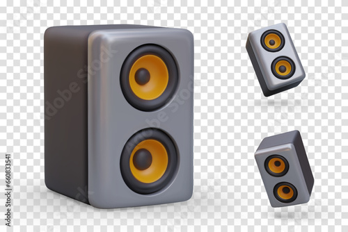 Set of realistic music speakers in different positions. Isolated vector illustrations, icons. Electronic device for listening to music. Stage equipment, column