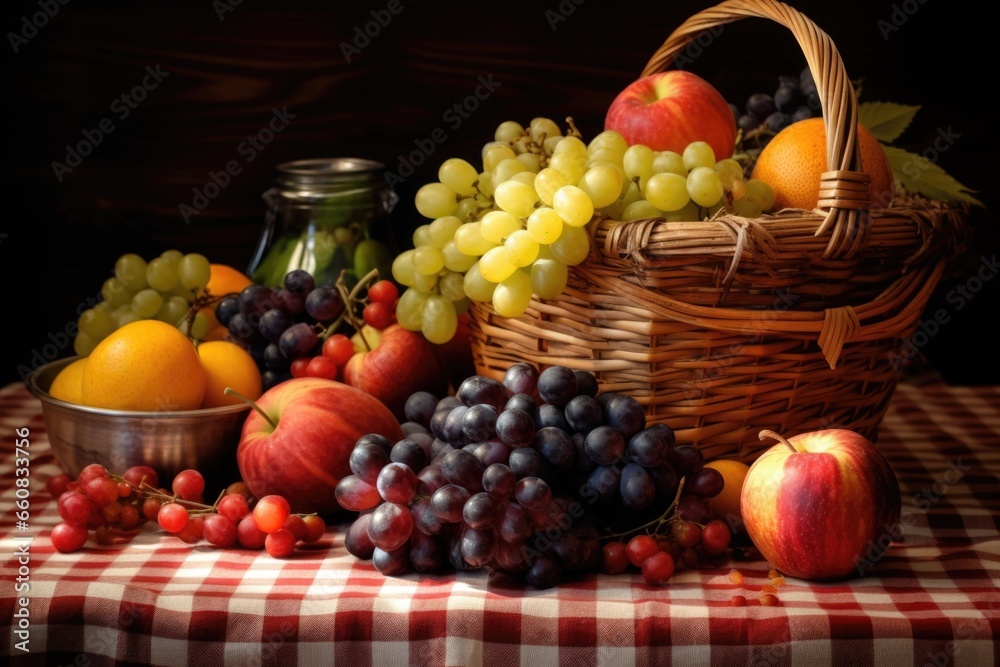 basket filled with harvest fruits on a checkered tablecloth basket filled with harvest fruits on a checkered tablecloth