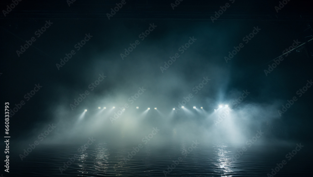 a stage lighting. There is a small light on the left center of the front that shines on part of the water, and there is a small amount of hazy smoke in the back. copy space - Generative AI