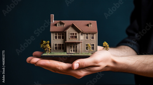 a person's hand holds a model of a house, miniaturecore - Generative AI