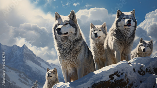 Wolves are gathered on snow-covered, pristine meadow hills - Generative AI