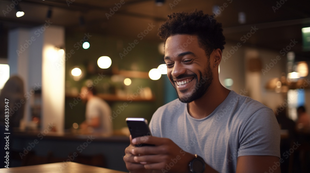 A smiling attractive african man an smartphone - Generative AI