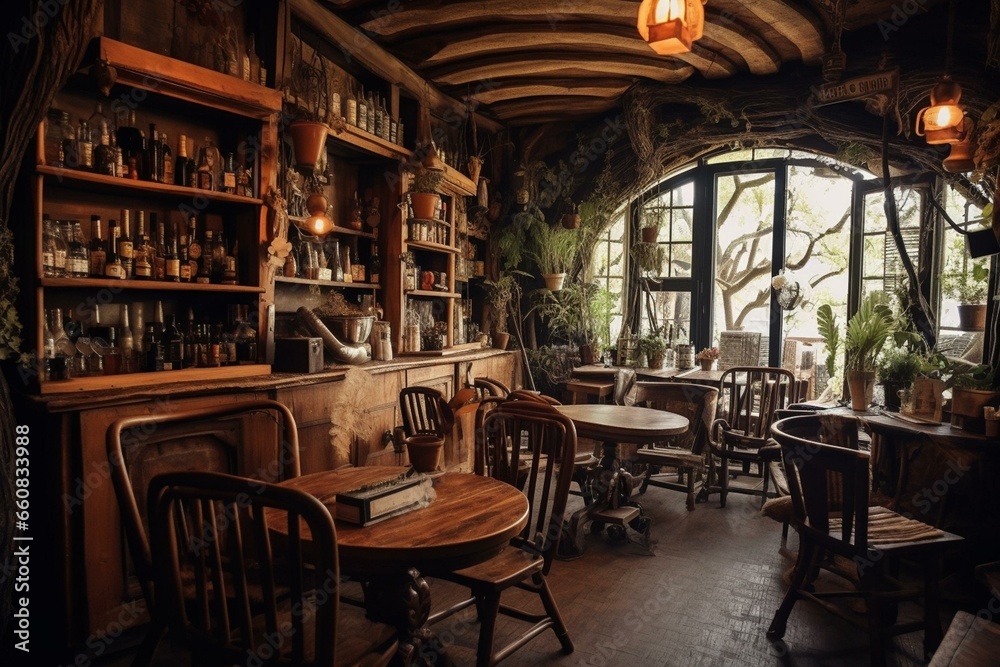 A cozy cafe adorned with wooden furniture and decor. Generative AI