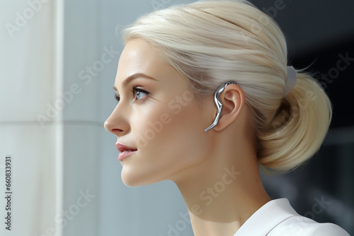 close-up photo of a person wearing a nearly invisible hearing aid. This photo highlights the discreet and modern design of the device. photo