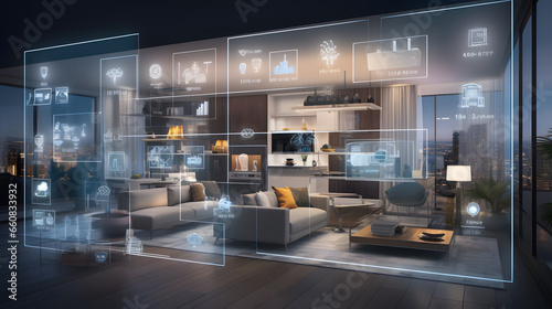 the concept of the Internet of things with an image of a smart home with artificial intelligence technology. Wide range of systems and devices within a household.