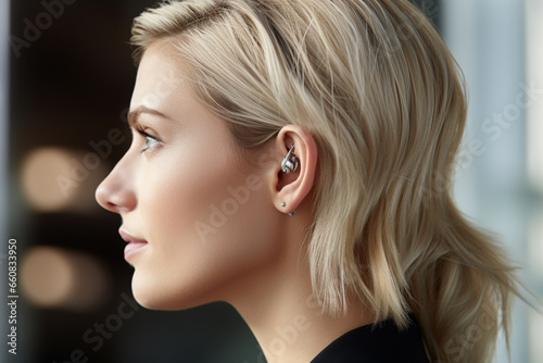 close-up photo of a person wearing a nearly invisible hearing aid. This photo highlights the discreet and modern design of the device.