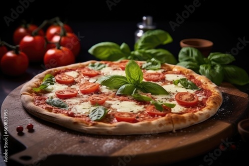 fresh pizza with basil leaves sprinkled on top