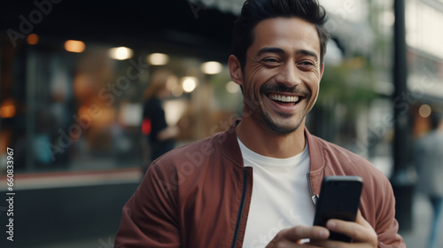 Smiling charming guy is using a smartphone on the street - Generative AI