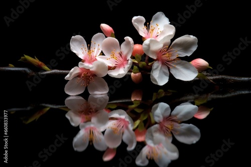 a closeup of a blossom on a dark backdrop with a reflection. Generative AI