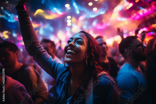 vibrant and colorful photo of people dancing under the glow of neon lights at a music festival. Their exuberant expressions convey the uplifting energy of the event. © forenna