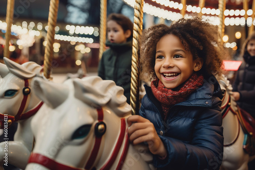 7-year-old boys and girls happy on carousel in mall - Generative AI