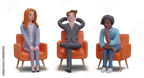 Business characters sit in chairs. People rest, communicate, think. Vector concept in cartoon style. Communication. Lunch break, rest. Group therapy. Isolated vector images