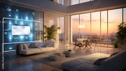 the concept of the Internet of things with an image of a smart home with artificial intelligence technology. Wide range of systems and devices within a household.