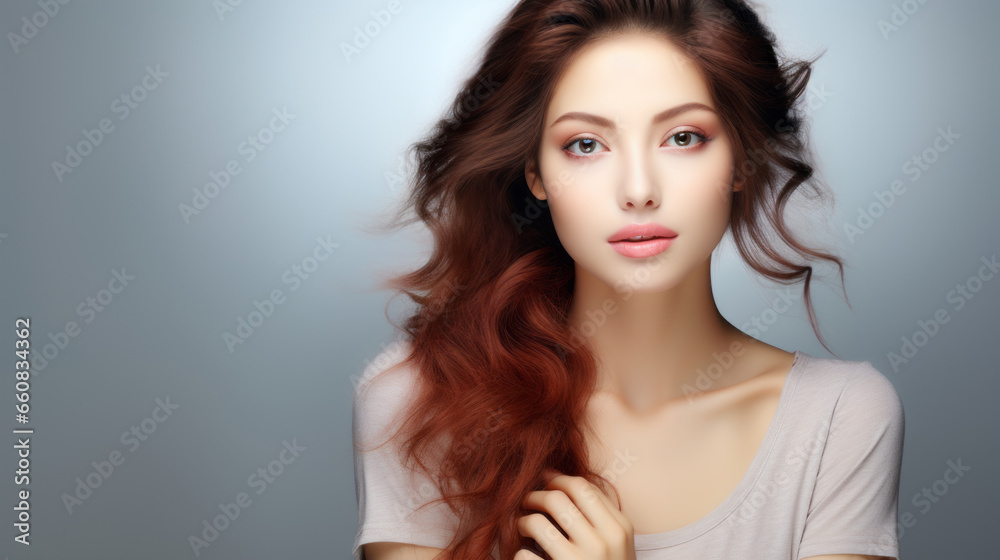 Naklejka premium Portrait beautiful perfect woman with beautiful. and perfect skin, cosmetics, skincare, makeup, wellness concept with empty copy space for text background color studio